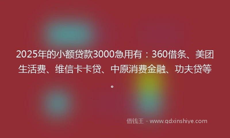 2025年的小额贷款3000急用有：360借条、美团生活费、维信卡卡贷、中原消费金融、功夫贷等。