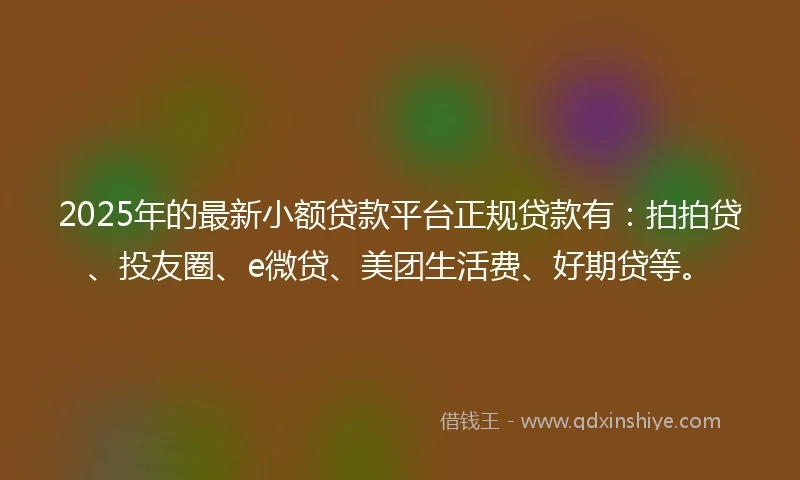 2025年的最新小额贷款平台正规贷款有：拍拍贷、投友圈、e微贷、美团生活费、好期贷等。