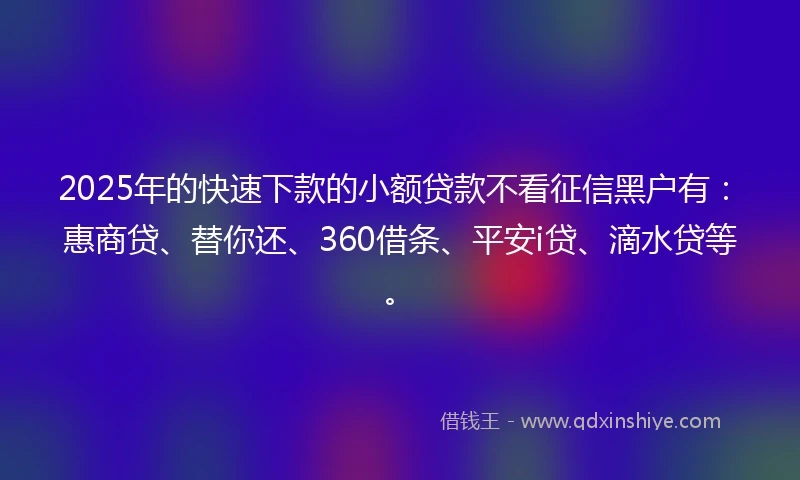 2025年的快速下款的小额贷款不看征信黑户有：惠商贷、替你还、360借条、平安i贷、滴水贷等。