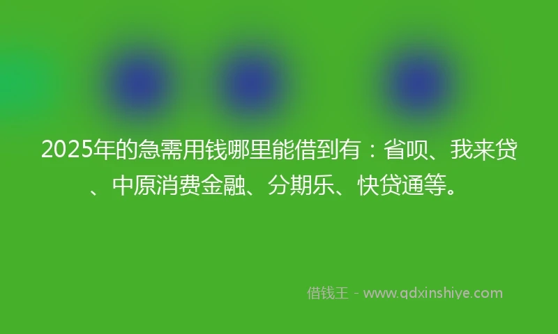 2025年的急需用钱哪里能借到有：省呗、我来贷、中原消费金融、分期乐、快贷通等。