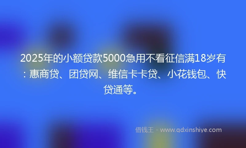 2025年的小额贷款5000急用不看征信满18岁有：惠商贷、团贷网、维信卡卡贷、小花钱包、快贷通等。