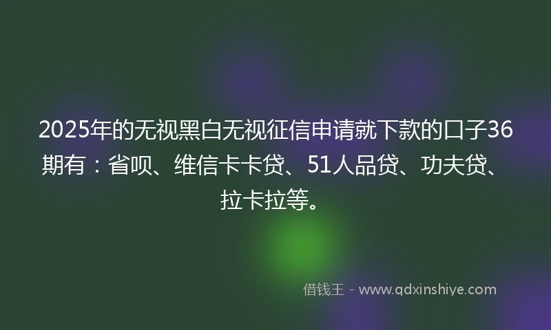 2025年的无视黑白无视征信申请就下款的口子36期有：省呗、维信卡卡贷、51人品贷、功夫贷、拉卡拉等。
