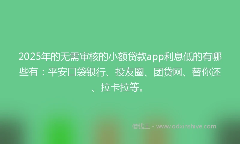 2025年的无需审核的小额贷款app利息低的有哪些有：平安口袋银行、投友圈、团贷网、替你还、拉卡拉等。