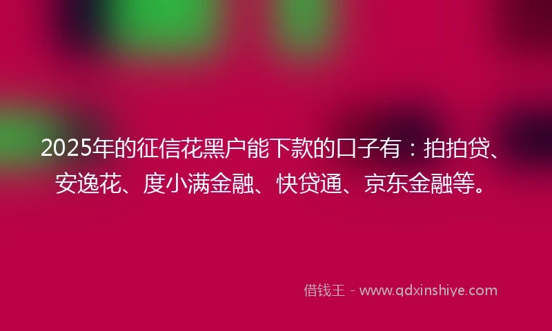 2025年的征信花黑户能下款的口子有：拍拍贷、安逸花、度小满金融、快贷通、京东金融等。
