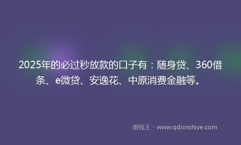 2025年的必过秒放款的口子有：随身贷、360借条、e微贷、安逸花、中原消费金融等。