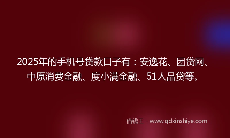 2025年的手机号贷款口子有：安逸花、团贷网、中原消费金融、度小满金融、51人品贷等。
