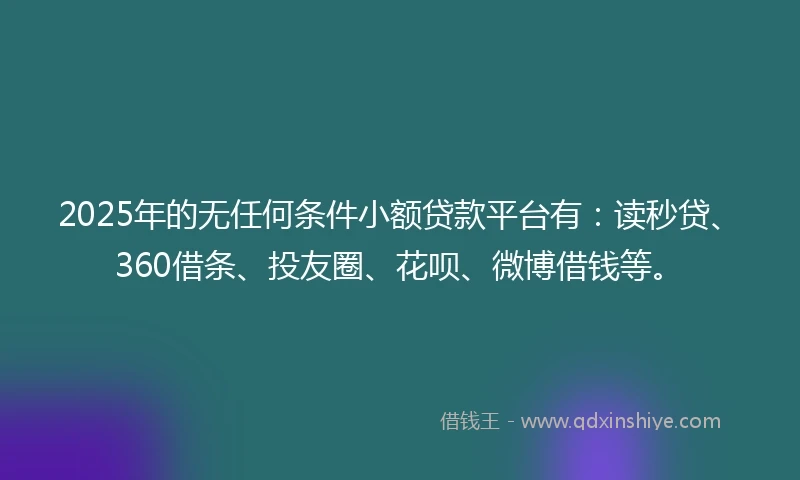 2025年的无任何条件小额贷款平台有：读秒贷、360借条、投友圈、花呗、微博借钱等。
