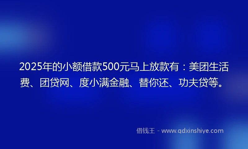 2025年的小额借款500元马上放款有：美团生活费、团贷网、度小满金融、替你还、功夫贷等。