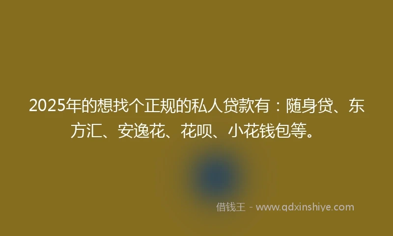 2025年的想找个正规的私人贷款有：随身贷、东方汇、安逸花、花呗、小花钱包等。