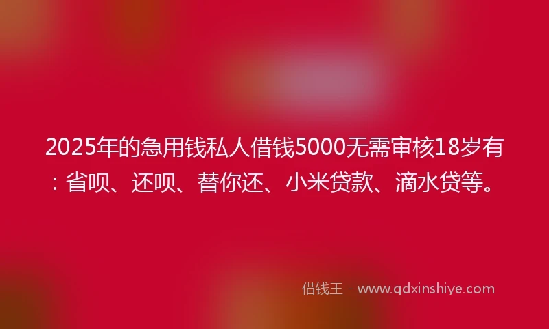 2025年的急用钱私人借钱5000无需审核18岁有：省呗、还呗、替你还、小米贷款、滴水贷等。