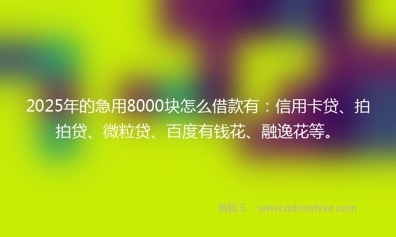 2025年的急用8000块怎么借款有：信用卡贷、拍拍贷、微粒贷、百度有钱花、融逸花等。