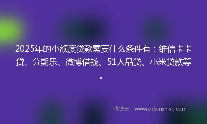 2025年的小额度贷款需要什么条件有：维信卡卡贷、分期乐、微博借钱、51人品贷、小米贷款等。