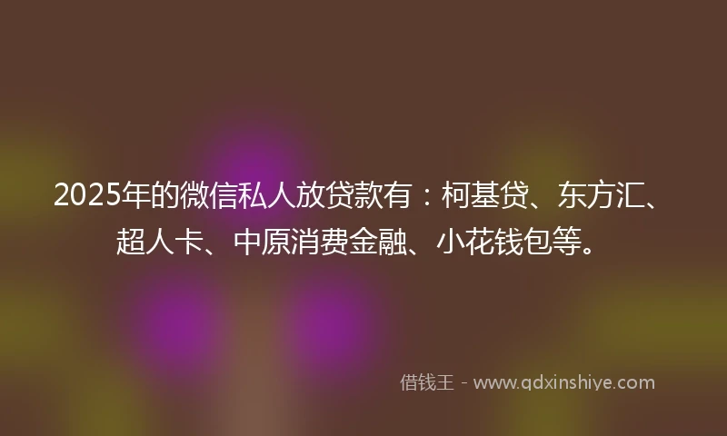 2025年的微信私人放贷款有：柯基贷、东方汇、超人卡、中原消费金融、小花钱包等。
