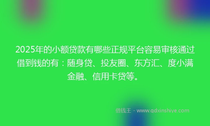 2025年的小额贷款有哪些正规平台容易审核通过借到钱的有：随身贷、投友圈、东方汇、度小满金融、信用卡贷等。