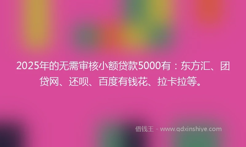 2025年的无需审核小额贷款5000有：东方汇、团贷网、还呗、百度有钱花、拉卡拉等。