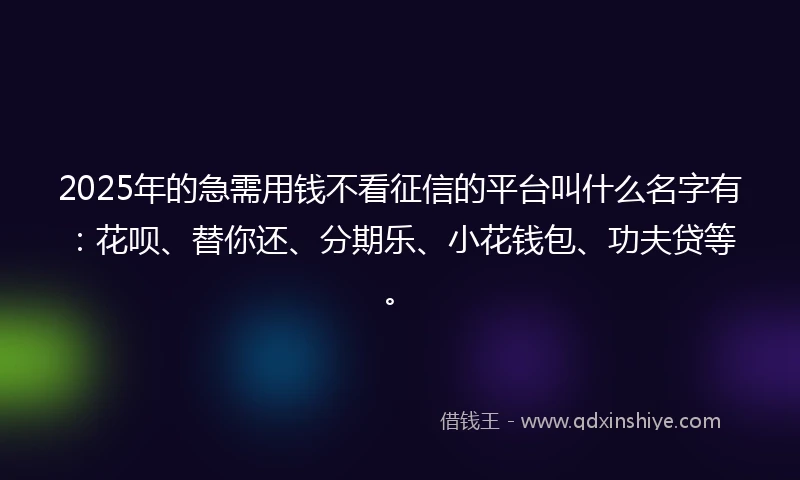 2025年的急需用钱不看征信的平台叫什么名字有：花呗、替你还、分期乐、小花钱包、功夫贷等。