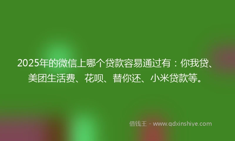 2025年的微信上哪个贷款容易通过有：你我贷、美团生活费、花呗、替你还、小米贷款等。