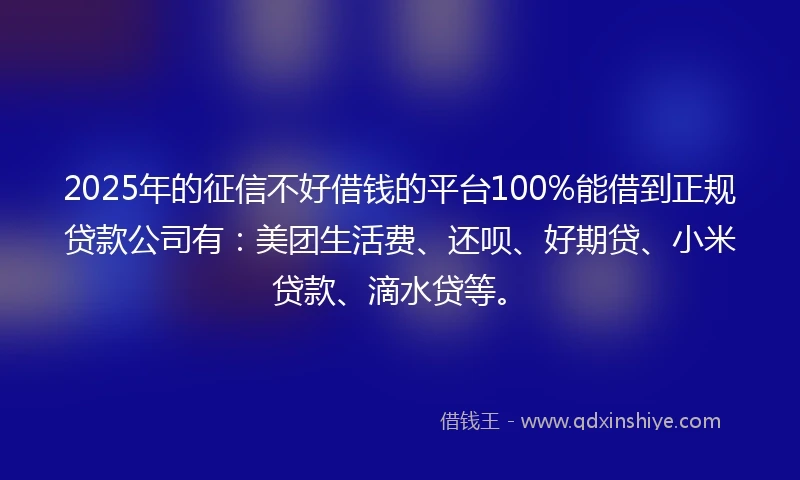 2025年的征信不好借钱的平台100%能借到正规贷款公司有：美团生活费、还呗、好期贷、小米贷款、滴水贷等。