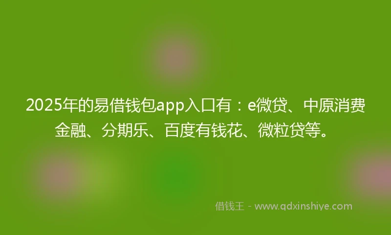 2025年的易借钱包app入口有：e微贷、中原消费金融、分期乐、百度有钱花、微粒贷等。