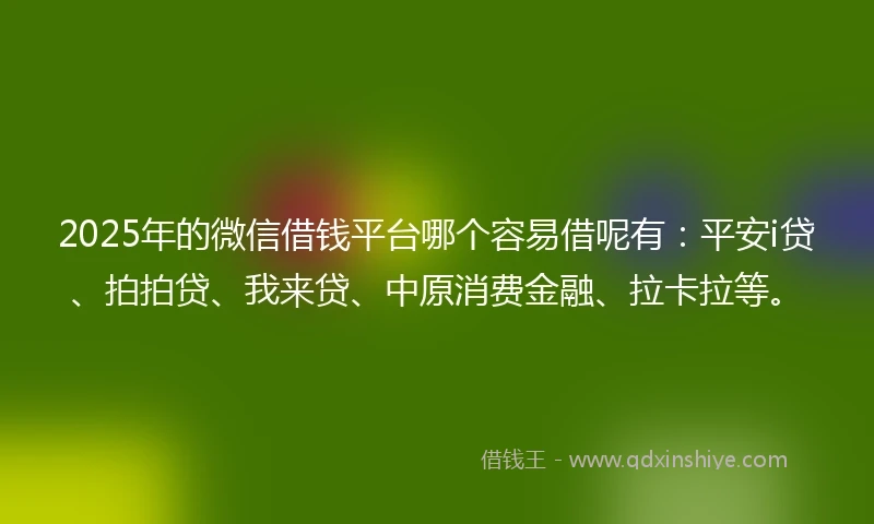 2025年的微信借钱平台哪个容易借呢有：平安i贷、拍拍贷、我来贷、中原消费金融、拉卡拉等。