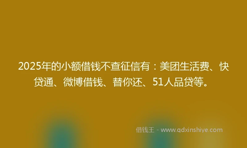 2025年的小额借钱不查征信有：美团生活费、快贷通、微博借钱、替你还、51人品贷等。