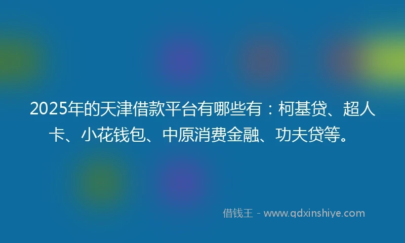 2025年的天津借款平台有哪些有：柯基贷、超人卡、小花钱包、中原消费金融、功夫贷等。