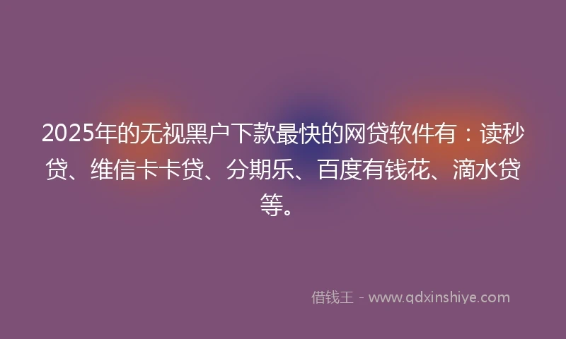 2025年的无视黑户下款最快的网贷软件有：读秒贷、维信卡卡贷、分期乐、百度有钱花、滴水贷等。