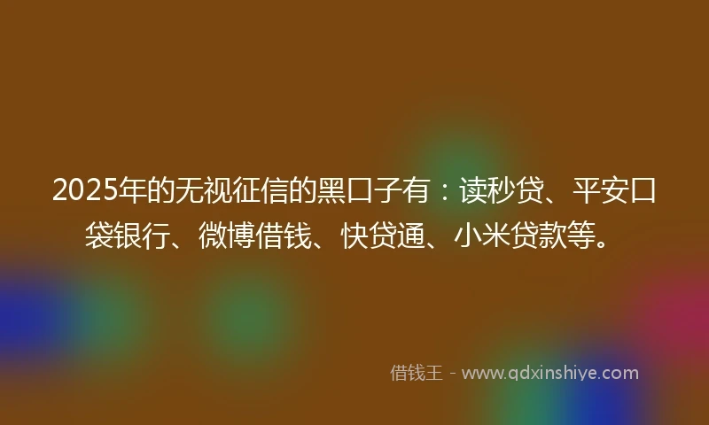 2025年的无视征信的黑口子有：读秒贷、平安口袋银行、微博借钱、快贷通、小米贷款等。