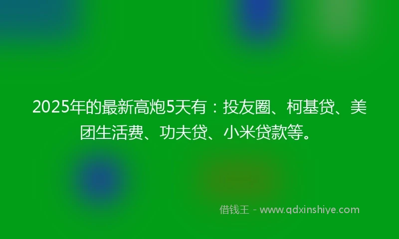 2025年的最新高炮5天有：投友圈、柯基贷、美团生活费、功夫贷、小米贷款等。
