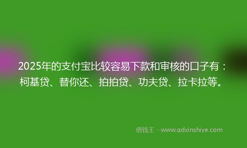 2025年的支付宝比较容易下款和审核的口子有：柯基贷、替你还、拍拍贷、功夫贷、拉卡拉等。