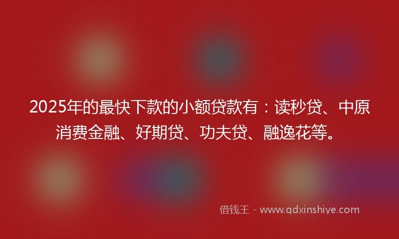2025年的最快下款的小额贷款有：读秒贷、中原消费金融、好期贷、功夫贷、融逸花等。