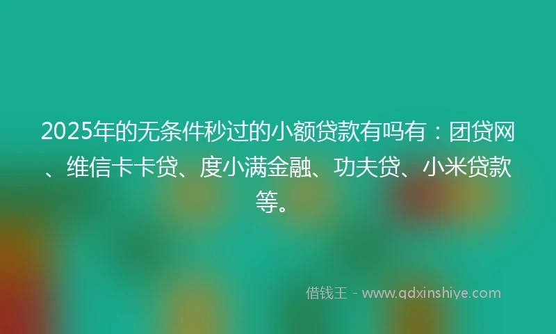 2025年的无条件秒过的小额贷款有吗有：团贷网、维信卡卡贷、度小满金融、功夫贷、小米贷款等。