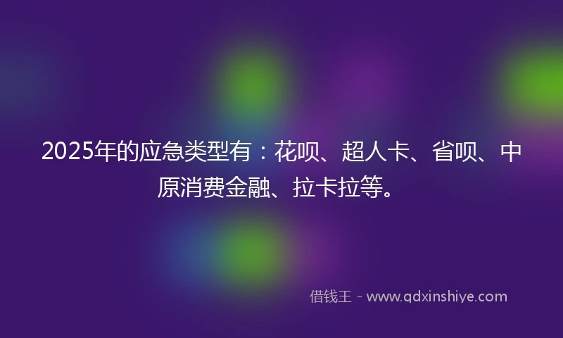 2025年的应急类型有：花呗、超人卡、省呗、中原消费金融、拉卡拉等。