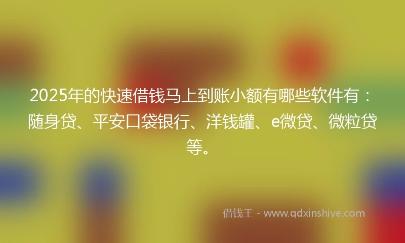 2025年的快速借钱马上到账小额有哪些软件有：随身贷、平安口袋银行、洋钱罐、e微贷、微粒贷等。