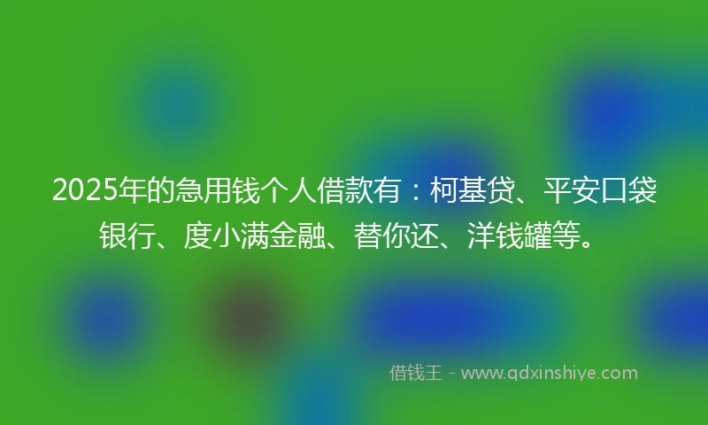 2025年的急用钱个人借款有：柯基贷、平安口袋银行、度小满金融、替你还、洋钱罐等。