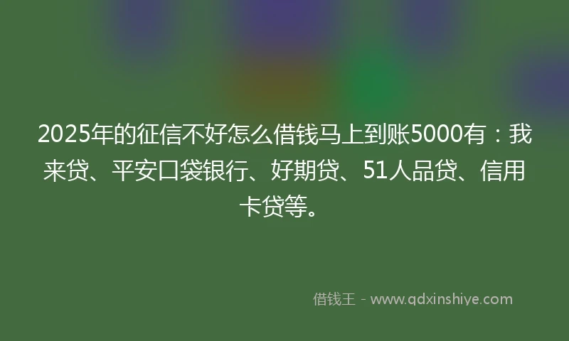 2025年的征信不好怎么借钱马上到账5000有:我来贷、平安口袋银行、好期贷、51人品贷、信用卡贷等。