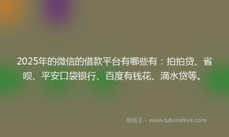 2025年的微信的借款平台有哪些有：拍拍贷、省呗、平安口袋银行、百度有钱花、滴水贷等。