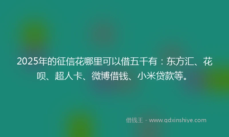 2025年的征信花哪里可以借五千有：东方汇、花呗、超人卡、微博借钱、小米贷款等。