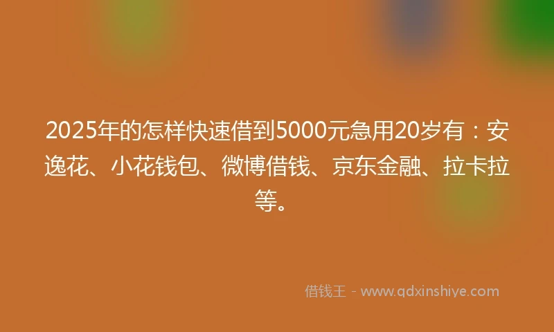 2025年的怎样快速借到5000元急用20岁有：安逸花、小花钱包、微博借钱、京东金融、拉卡拉等。