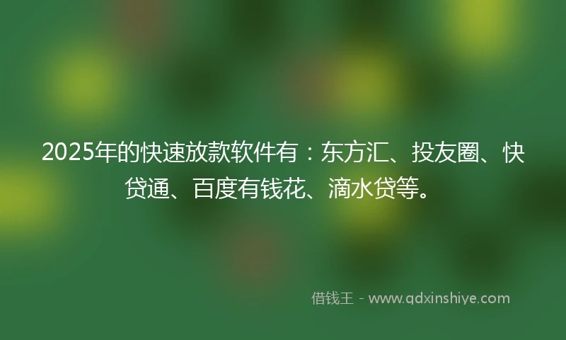 2025年的快速放款软件有：东方汇、投友圈、快贷通、百度有钱花、滴水贷等。