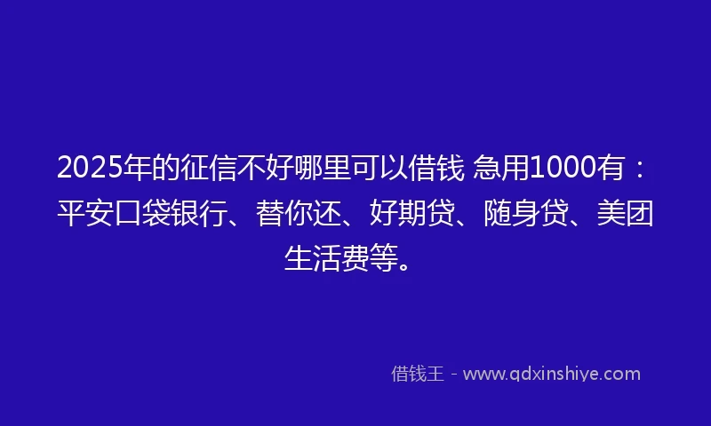 2025年的征信不好哪里可以借钱 急用1000有：平安口袋银行、替你还、好期贷、随身贷、美团生活费等。