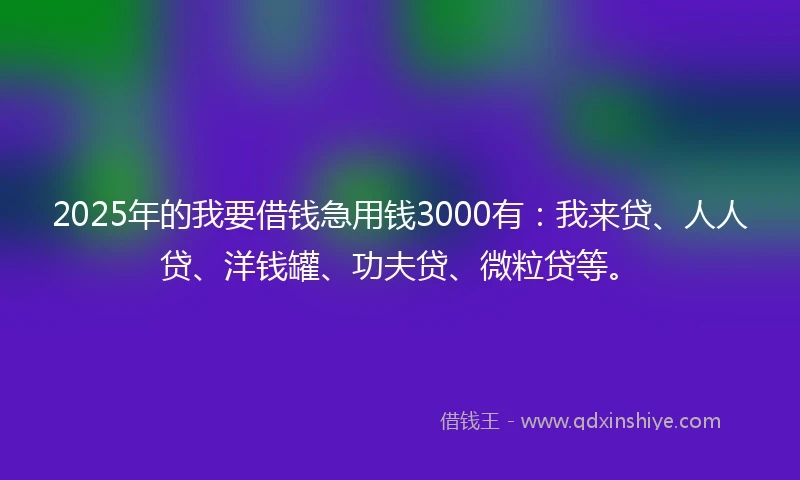 2025年的我要借钱急用钱3000有：我来贷、人人贷、洋钱罐、功夫贷、微粒贷等。