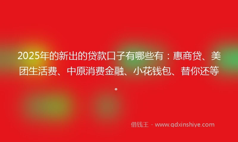 2025年的新出的贷款口子有哪些有：惠商贷、美团生活费、中原消费金融、小花钱包、替你还等。