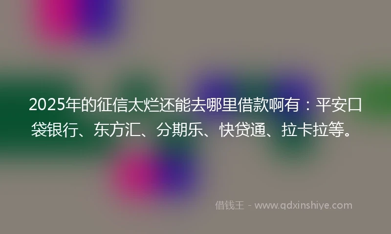 2025年的征信太烂还能去哪里借款啊有：平安口袋银行、东方汇、分期乐、快贷通、拉卡拉等。