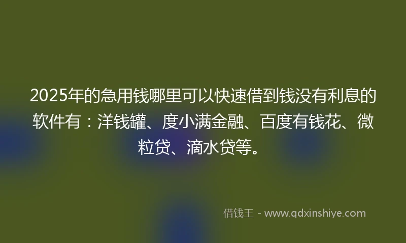 2025年的急用钱哪里可以快速借到钱没有利息的软件有：洋钱罐、度小满金融、百度有钱花、微粒贷、滴水贷等。