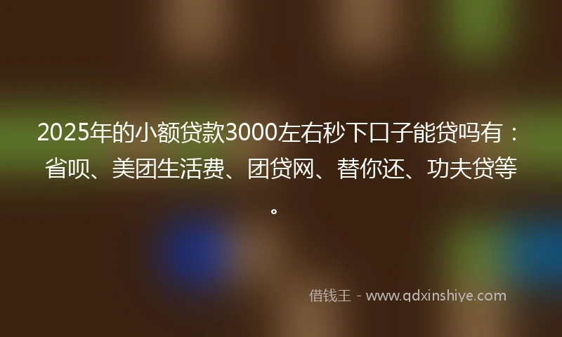 2025年的小额贷款3000左右秒下口子能贷吗有：省呗、美团生活费、团贷网、替你还、功夫贷等。
