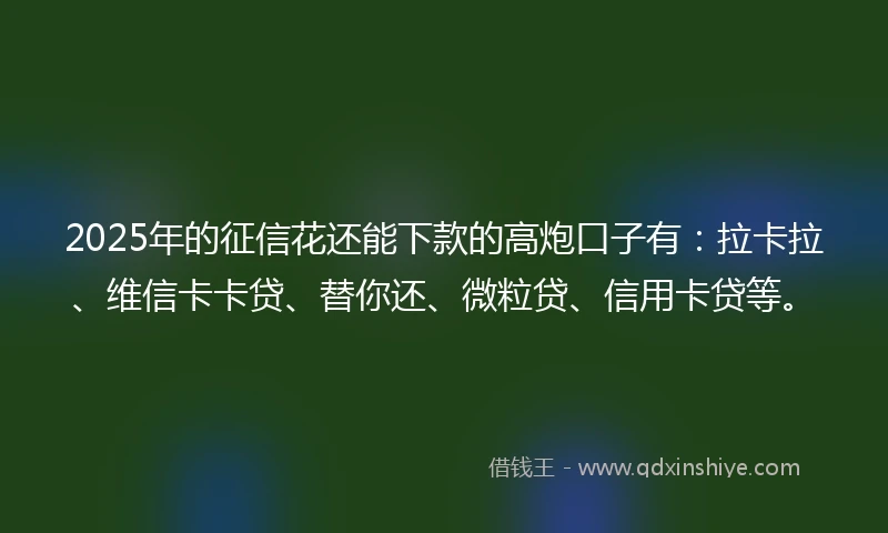 2025年的征信花还能下款的高炮口子有：拉卡拉、维信卡卡贷、替你还、微粒贷、信用卡贷等。