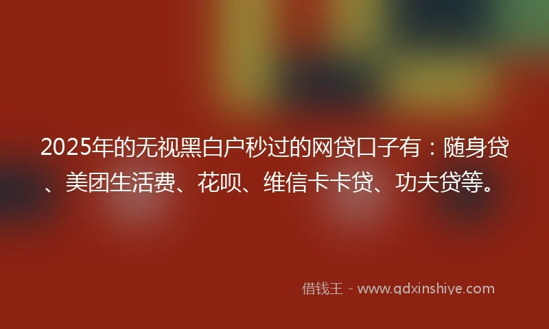2025年的无视黑白户秒过的网贷口子有：随身贷、美团生活费、花呗、维信卡卡贷、功夫贷等。
