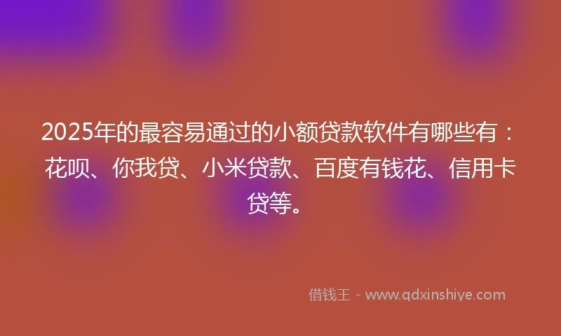 2025年的最容易通过的小额贷款软件有哪些有：花呗、你我贷、小米贷款、百度有钱花、信用卡贷等。