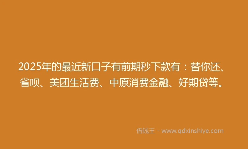 2025年的最近新口子有前期秒下款有：替你还、省呗、美团生活费、中原消费金融、好期贷等。